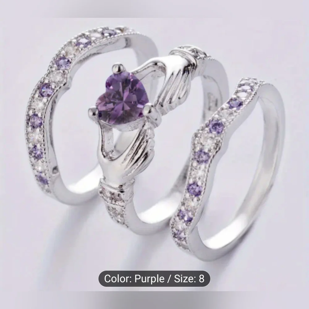 Elegant Silver and Purple Colored Heart Ring, Size 8, T2B1B